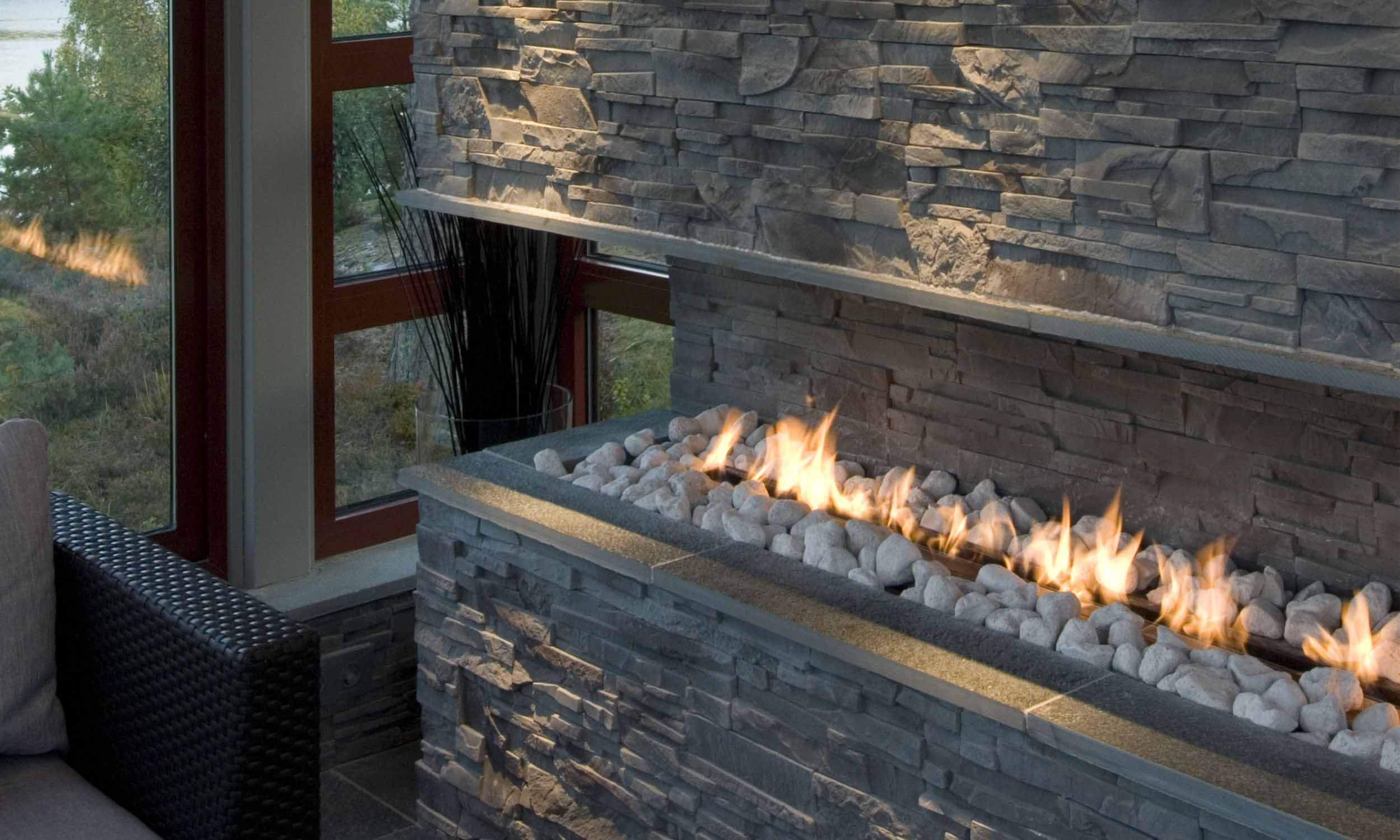 An indoor gas fireplace